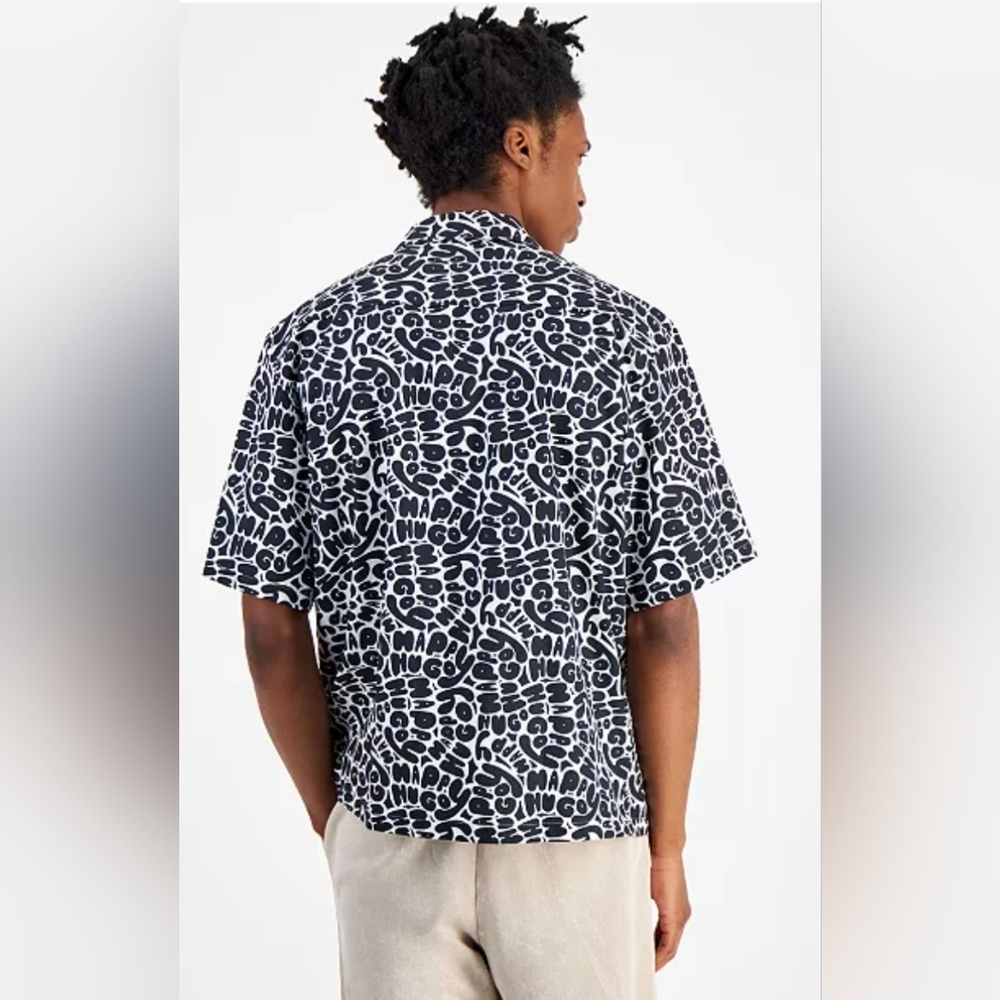 HUGO Boss Eligino Button-Up Resort Shirt In Monochrome Black & White Size XL - Picture 10 of 10